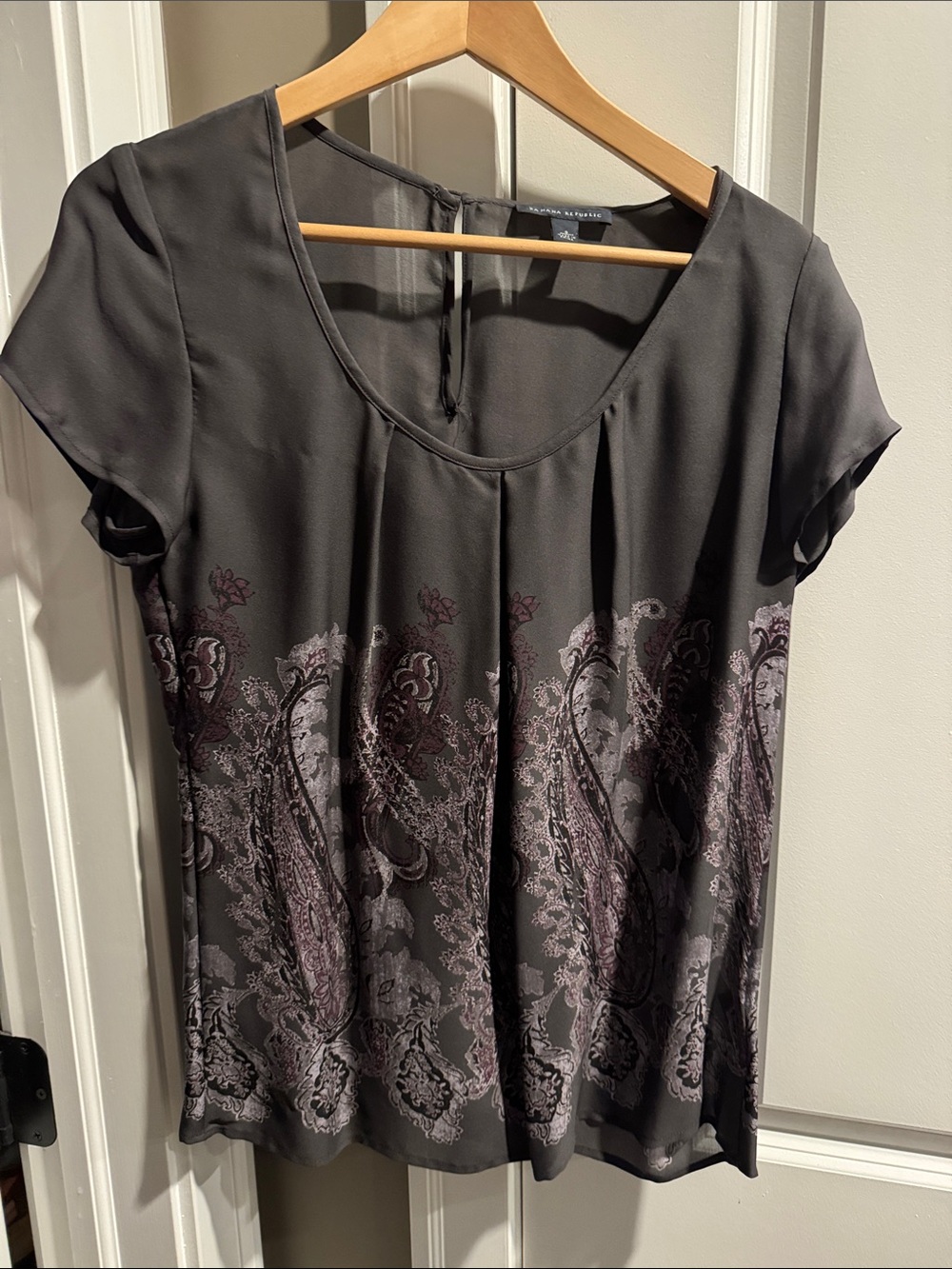 Banana Republic Black Short-Sleeve Scoop Neck Blouse with Purple Paisley Border